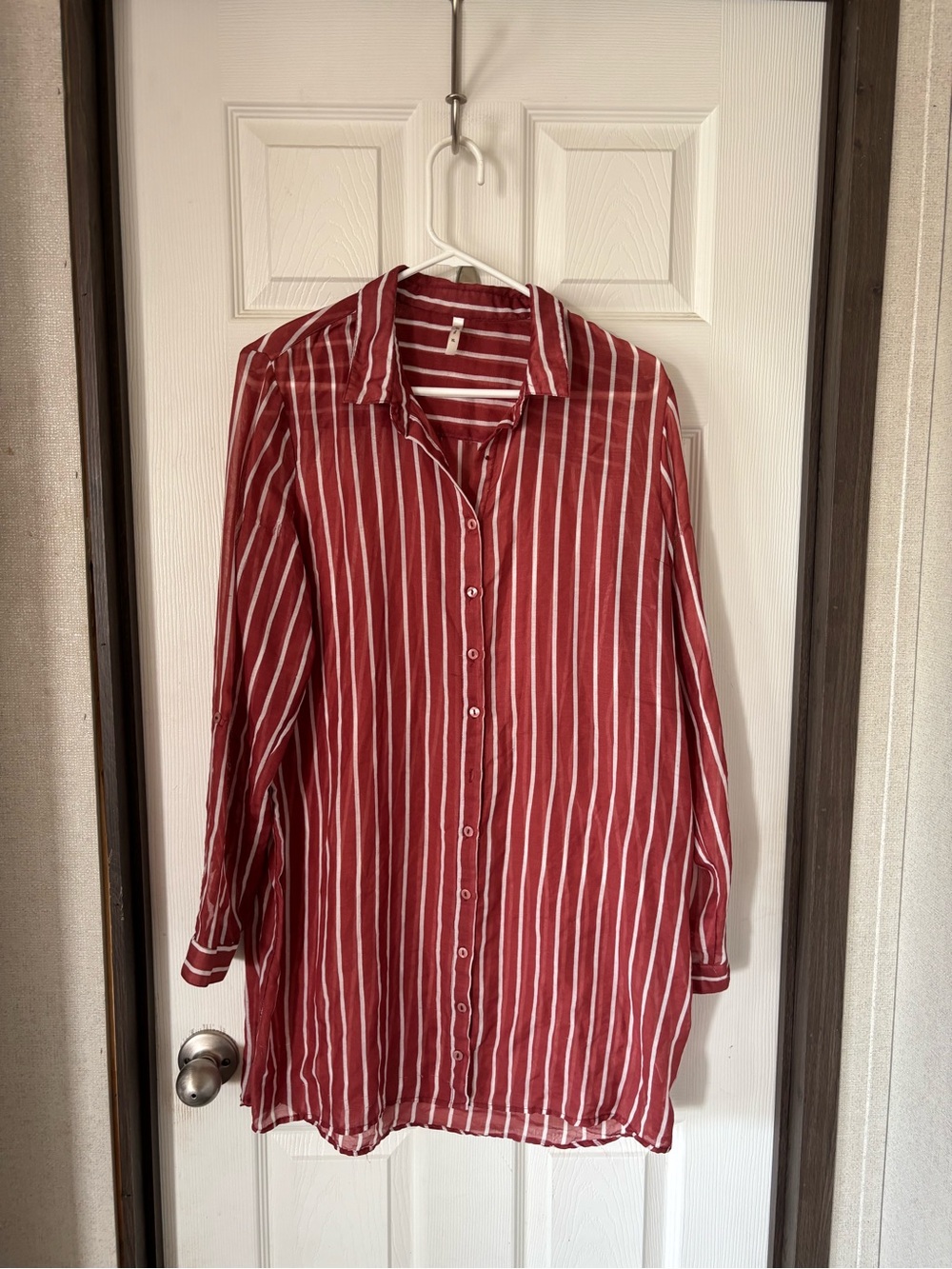 Live 4 Truth Burgundy and White Vertical Stripe Button-Up Blouse